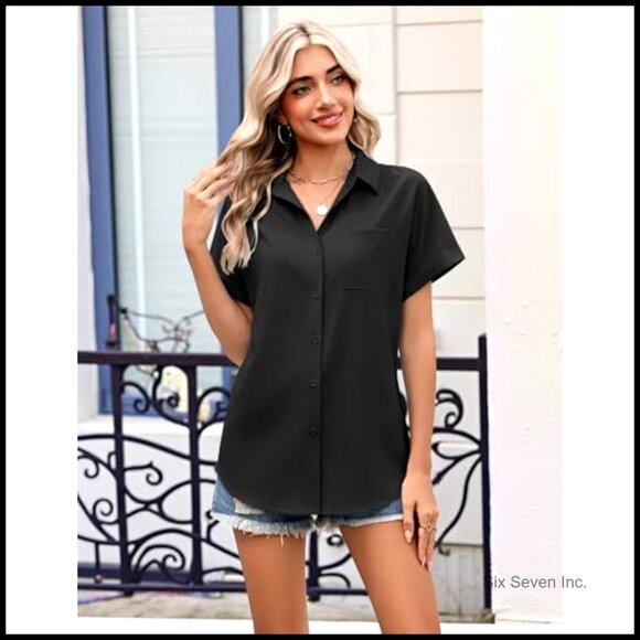 Short Sleeve Button Down Shirt V Neck Blouse with Pocket Loose Fit - Picture 3 of 7